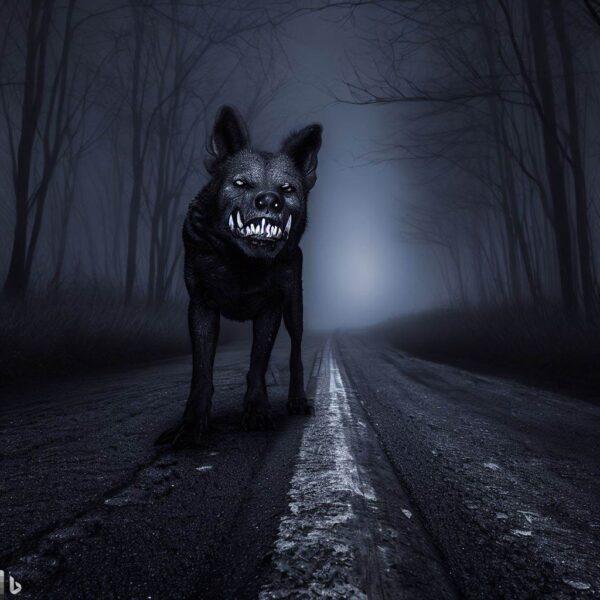 huge, black, sinister wild dog on a road in dark, foggy forest