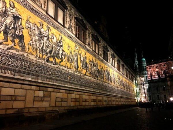 mural of cavalrymen along long street in dresden germany