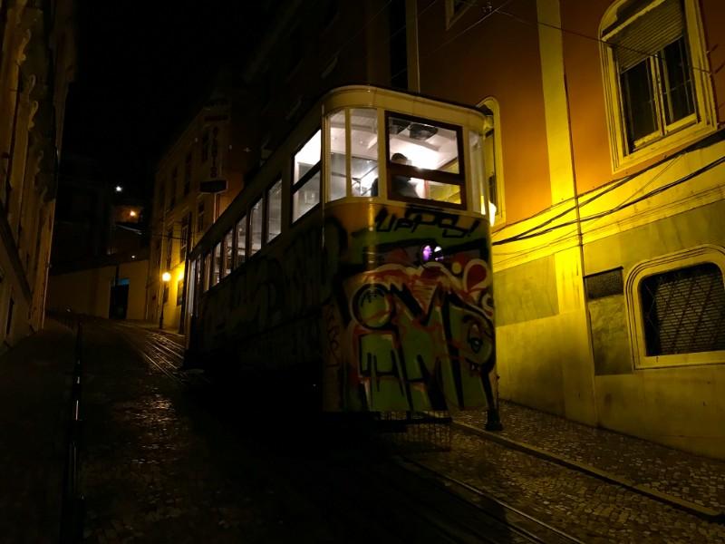 tram in lisbon at night