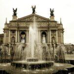 fountain in front of imposing building in lvov