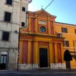 yellow orange church facade in pergola town in march italy