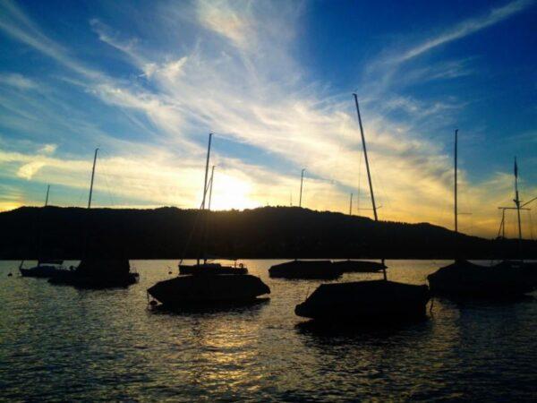 sunset over zurich lake and sailboats