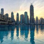 Sunset over the Dubai Mall pond