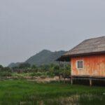 Trang Province House on stilts in a grassy field Mountain in the background