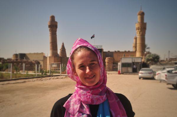 british tourist with pink scarf in ezekiel's tomb in iraq