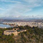 Aerial view of Karababa Castle and Chalkida City in Greece