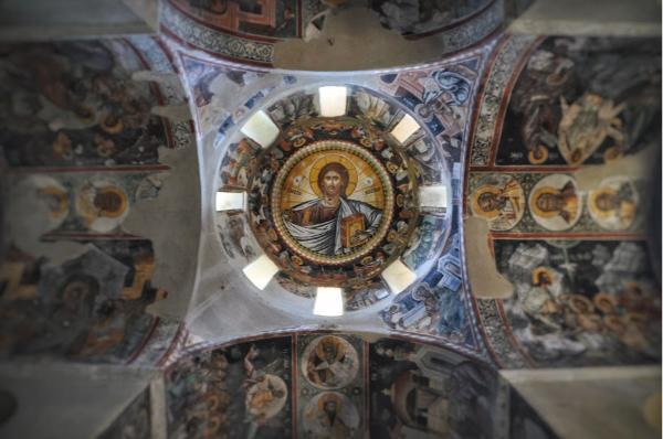 jesus on dome over greek orthodox historical church kaisariani monastery