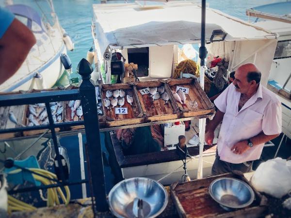 fresh fish for sale beside fishing boat in greek port 