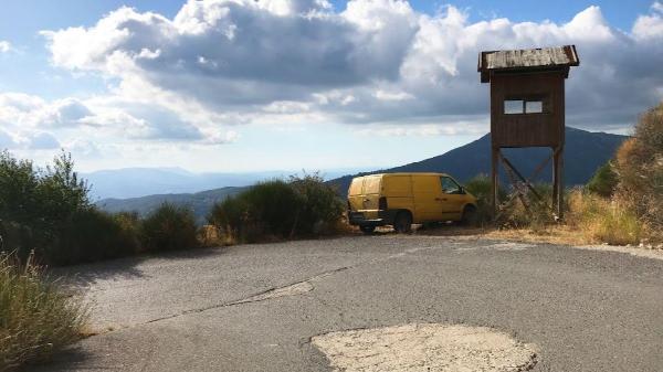 stemnitsa greece watchtower and yellow van 