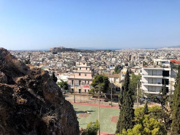 Strefi Hill basketball court and view of the Acropolis