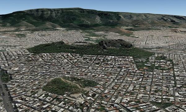Google Earth view of Strefi Hill with Lycabettus and Hymettus in the background