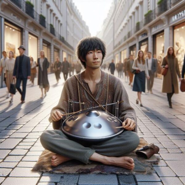 A Japanese guy busking with his Hang while tripping on Acid