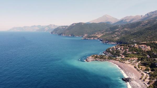 Aerial view of central Evia and Mount Dirfys from Limnionas beach