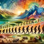 An artistic timeline showing the evolution of humans from early hominids to modern humans, set against different geographical backgrounds like savannahs, rivers, mountains, and cities. The image includes migrating herds, ancient cities, and modern technology, using earth tones and vibrant colors.