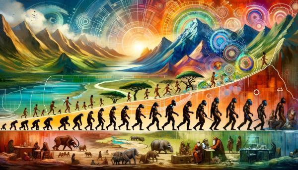 An artistic timeline showing the evolution of humans from early hominids to modern humans, set against different geographical backgrounds like savannahs, rivers, mountains, and cities. The image includes migrating herds, ancient cities, and modern technology, using earth tones and vibrant colors.