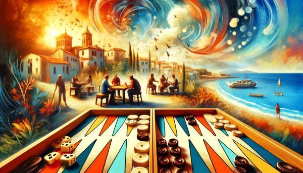 An artistic depiction of a backgammon game set against a lively Mediterranean coast background. The image shows a backgammon board with dice and checkers, with players engaged in a friendly game. Warm colors like oranges, yellows, and blues create an inviting atmosphere.