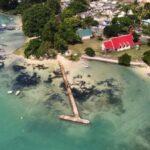 bird's eye drone view of Cap Malheureux beach and church in mauritius