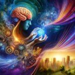 An artistic image depicting a human figure with a glowing brain connected to their hands, shaping a cityscape and natural elements. Abstract patterns, gears, and light trails flow from the brain to the hands, symbolizing the transformation of thoughts into reality. The image uses vibrant blues, purples, and golds.