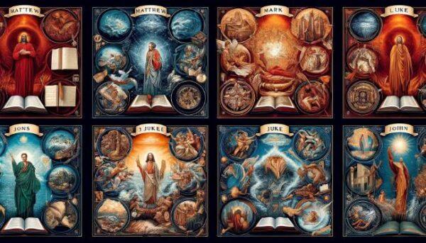 An artistic image showing four books labeled Matthew, Mark, Luke, and John, with different scenes and symbols emerging from each. The image highlights conflicting scenes of Jesus's birth, life, and death using dark reds, blues, and golds.