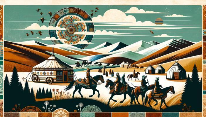 An artistic depiction of a vast steppe landscape with horsemen, yurts, and ancient trade routes. Traditional steppe clothing, mounted archers, and caravans are included, with earthy tones like browns, greens, and blues highlighting the cultural richness.