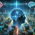 An artistic image of a futuristic cityscape with interconnected glowing brains and data streams. The scene includes surveillance drones, neural networks, and digital interfaces merging with human consciousness. The color palette features blues, neon greens, and metallic tones.