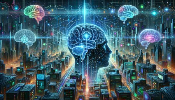 An artistic image of a futuristic cityscape with interconnected glowing brains and data streams. The scene includes surveillance drones, neural networks, and digital interfaces merging with human consciousness. The color palette features blues, neon greens, and metallic tones.