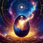 An artistic representation of a cosmic egg floating in space with galaxies and stars swirling around it. The egg is cracked open, with divine light and cosmic energy forming a God-like figure. Mystical symbols and patterns fill the background in deep blues, purples, and golds.