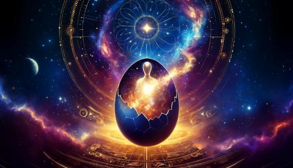 An artistic representation of a cosmic egg floating in space with galaxies and stars swirling around it. The egg is cracked open, with divine light and cosmic energy forming a God-like figure. Mystical symbols and patterns fill the background in deep blues, purples, and golds.