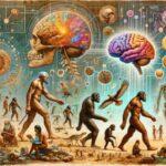 An artistic representation of early humans standing upright with large brains, using their hands to manipulate objects and tools. Scenes of hunting, gathering, and social interactions are shown, with brain neural networks and data streams visualized around them using earthy tones and vibrant colors.