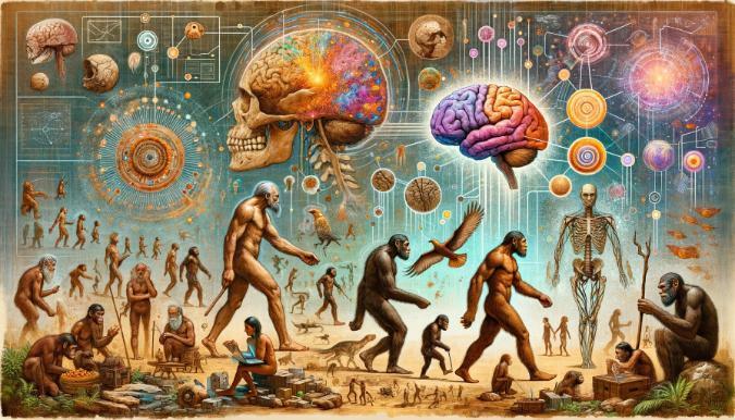 An artistic representation of early humans standing upright with large brains, using their hands to manipulate objects and tools. Scenes of hunting, gathering, and social interactions are shown, with brain neural networks and data streams visualized around them using earthy tones and vibrant colors.