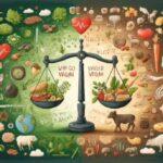 An artistic representation of a balance with plant-based foods on one side and animal products on the other. Symbols for animal welfare, health, and the environment, such as a heart, earth, and animals, are included. The background evokes a sense of choice and balance with contrasting greens and browns.