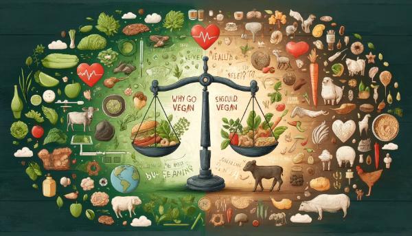 An artistic representation of a balance with plant-based foods on one side and animal products on the other. Symbols for animal welfare, health, and the environment, such as a heart, earth, and animals, are included. The background evokes a sense of choice and balance with contrasting greens and browns.