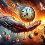 An artistic representation of a melting clock on a wrinkled hand, with a blurred background showing different life stages from childhood to old age. Falling leaves and a setting sun symbolize the passage of time, using warm colors like oranges and reds for a nostalgic atmosphere.