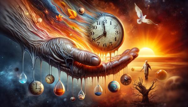 An artistic representation of a melting clock on a wrinkled hand, with a blurred background showing different life stages from childhood to old age. Falling leaves and a setting sun symbolize the passage of time, using warm colors like oranges and reds for a nostalgic atmosphere.