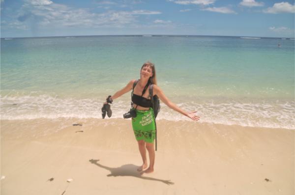 girl on day trip to flic en flac beach in mauritius island