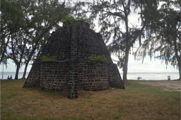 pyramid-like structure, fortification or kiln, at flic en flac beach in mauritius