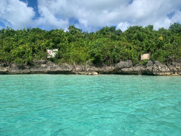 The coast of Ile aux Aigrettes in the turquoise lagoon of mauritius