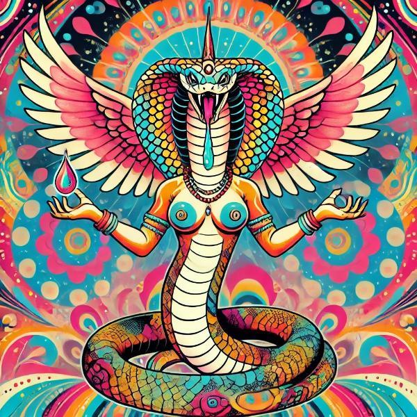 psychedelic artwork of a cobra with angel wings and female breast