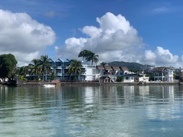 view of Mahebourg city in mauritius from the sea