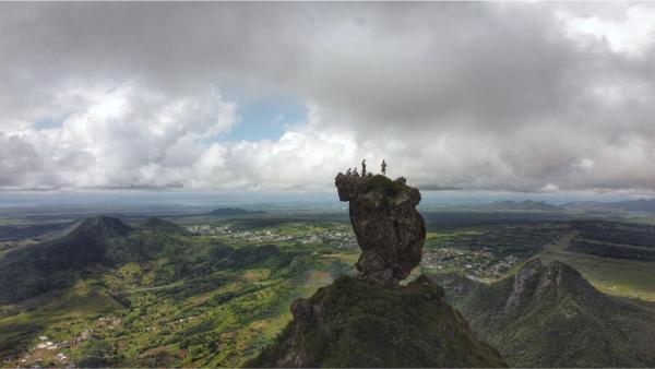 drone picture of Pieter Both summit with eastern Mauritius in the background