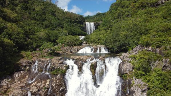 drone shot of the septe cascades in mauritius