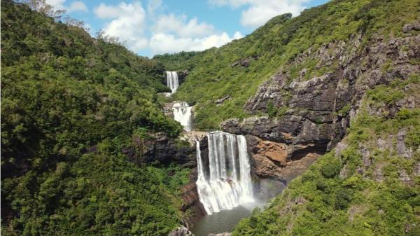 aerial photograph of sseven waterfalls in mauritius