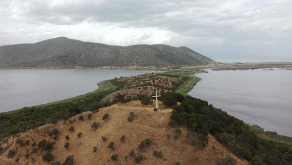 Aerial view of Agios Achilleios and the Small Prespa Lake