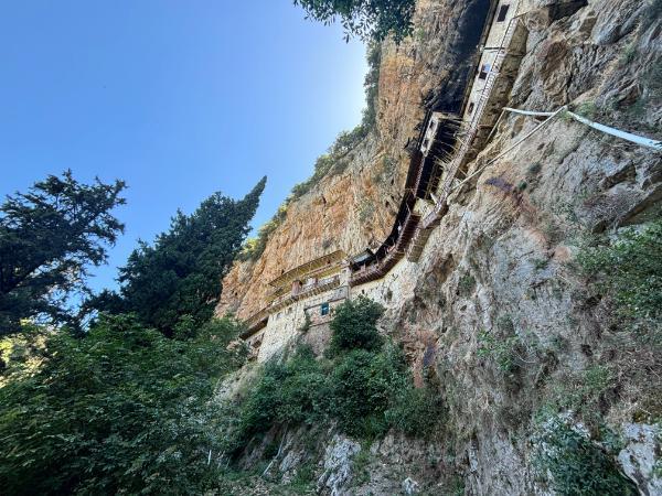 Prodromos Monastery perilously hanging on the cliff of Lousios Gorge in peloponnese