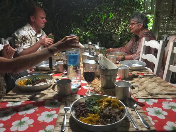 Eating boar at Chez Filo et Stephanie’s family restaurant in mahebourg