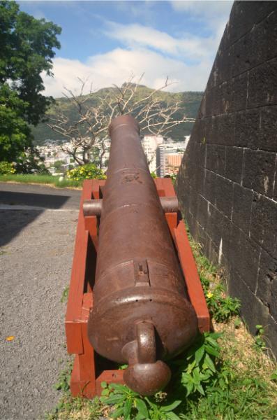 Old cannon beside Fort Adelaide’s outer wall in port louis