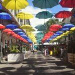 pedestrian street covered with colorful umbrellas in central port louis in mauritius