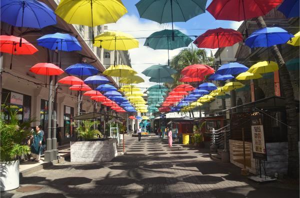 pedestrian street covered with colorful umbrellas in central port louis in mauritius