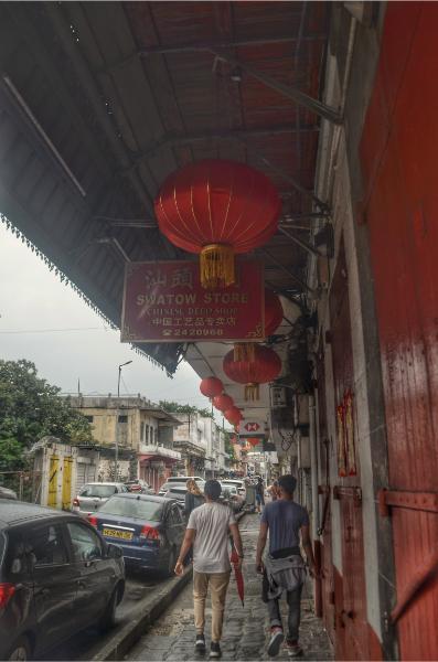 chinese Paper lanterns and clothes stores in chinatown of of port louis