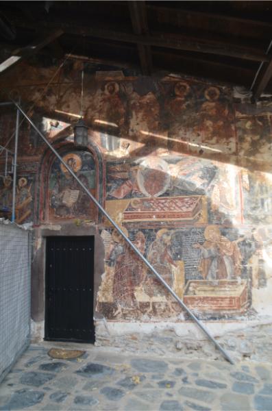 Exterior wall frescoes in mavriotissa monastery near kastoria city in northern greece